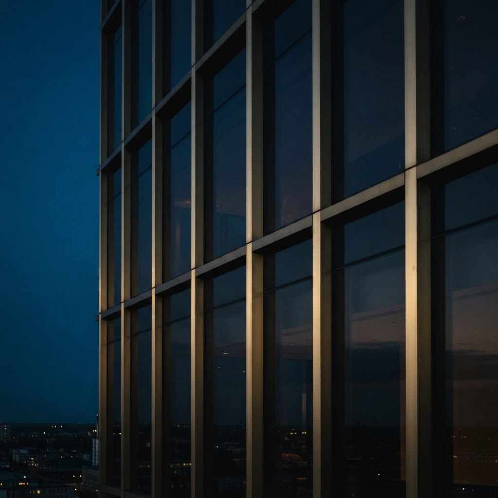 Detail of a dark glass and brass architectural facade at dusk