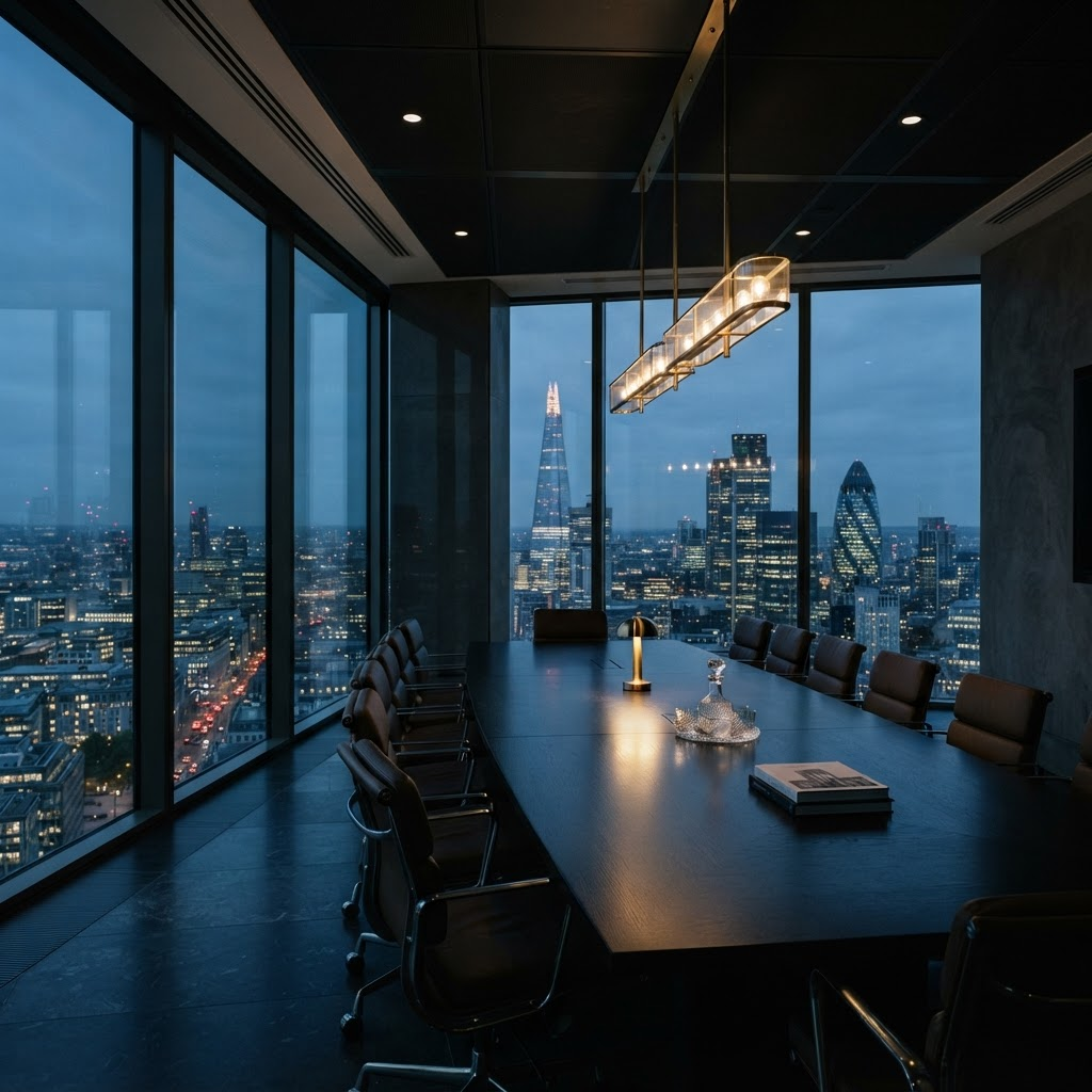 A modern executive boardroom at dusk overlooking a city skyline