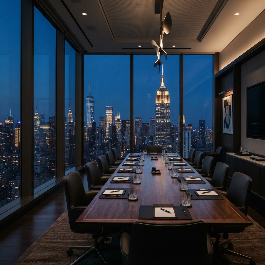 Modern executive boardroom overlooking the New York skyline and Empire State Building at dusk